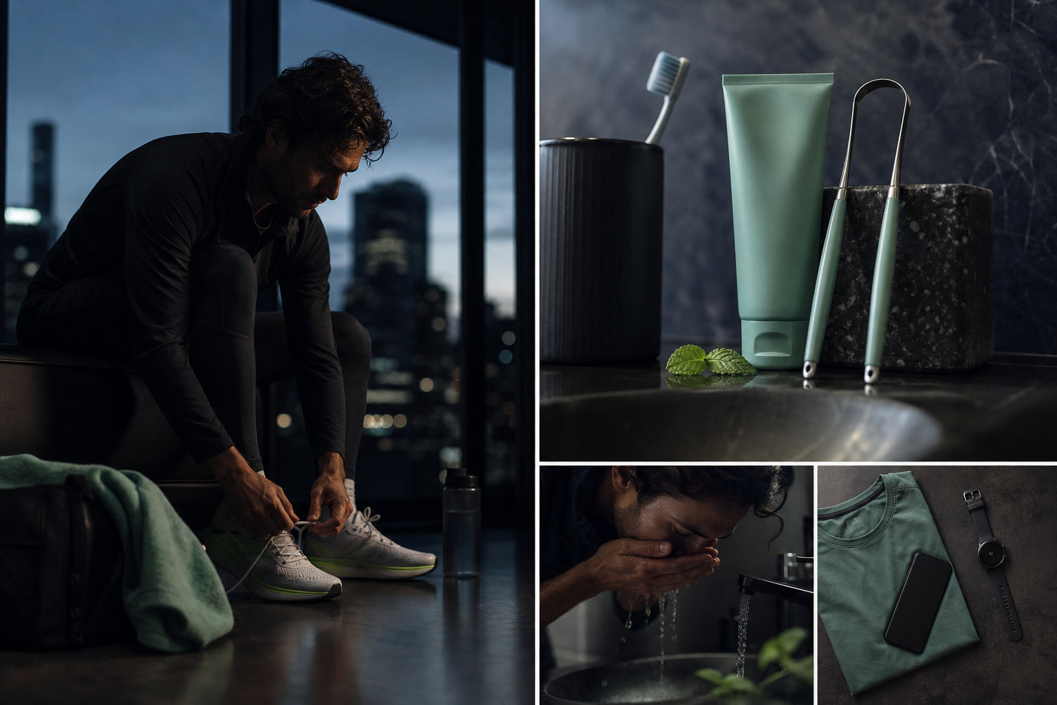 Runner getting ready at dawn with mint-fresh grooming essentials