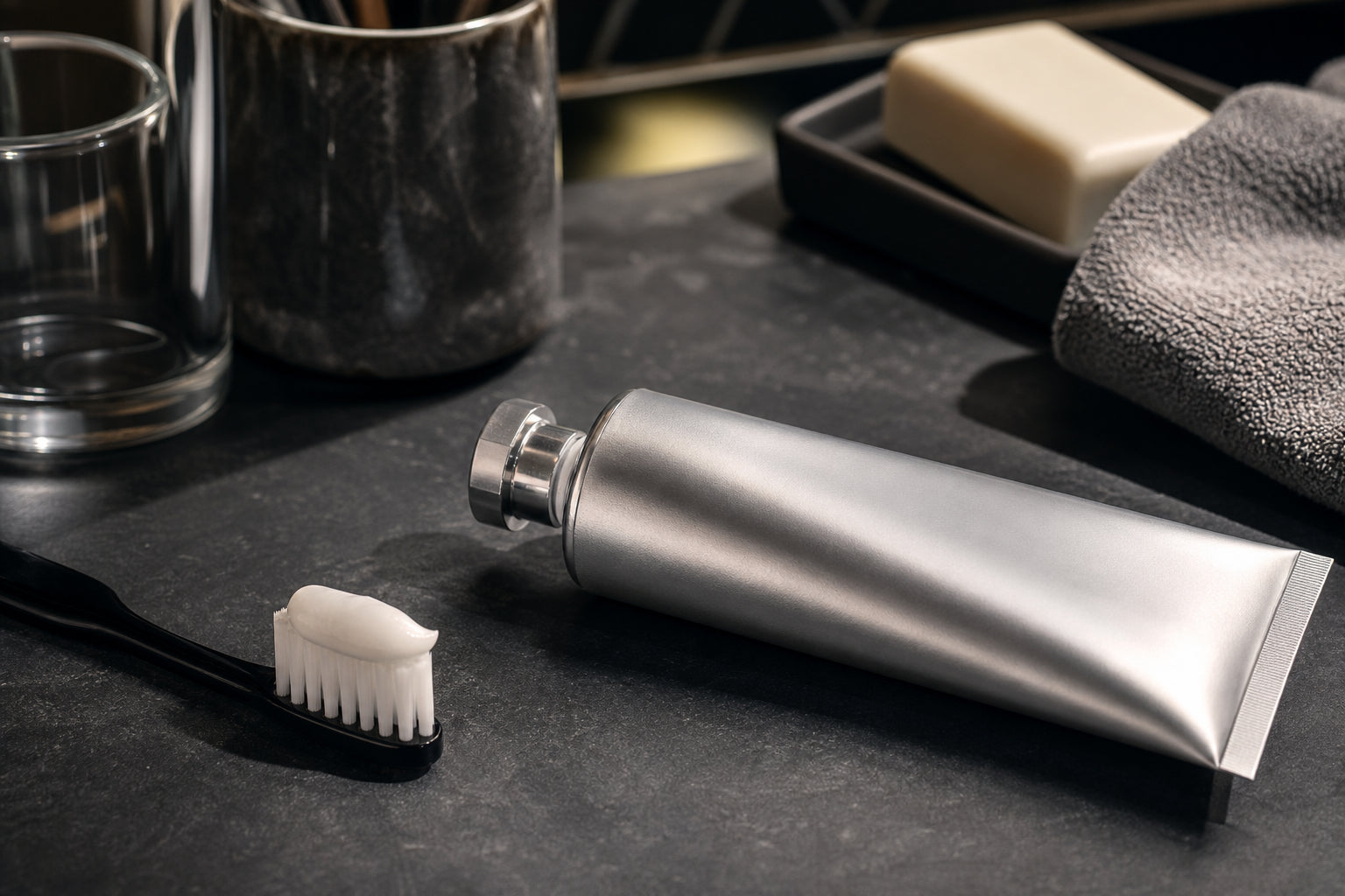 Premium toothpaste and grooming setup for enamel support