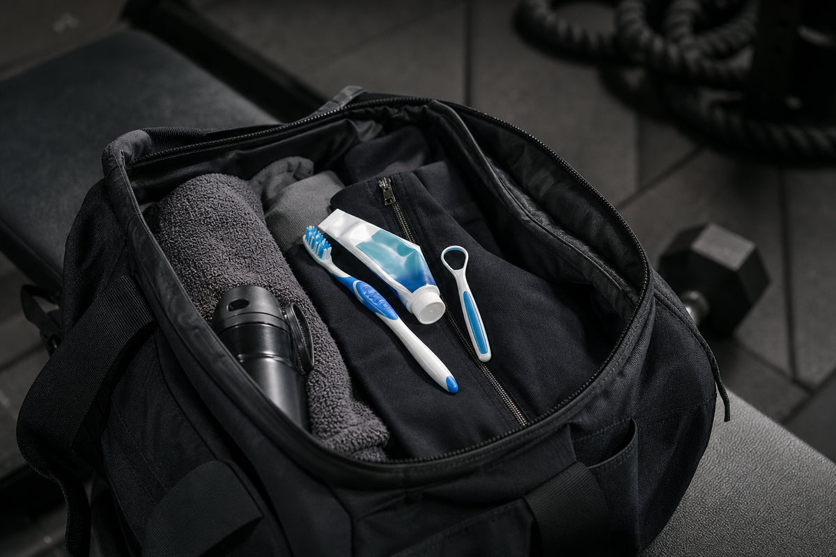 Open gym bag with toothpaste and tongue cleaner in a moody fitness setting