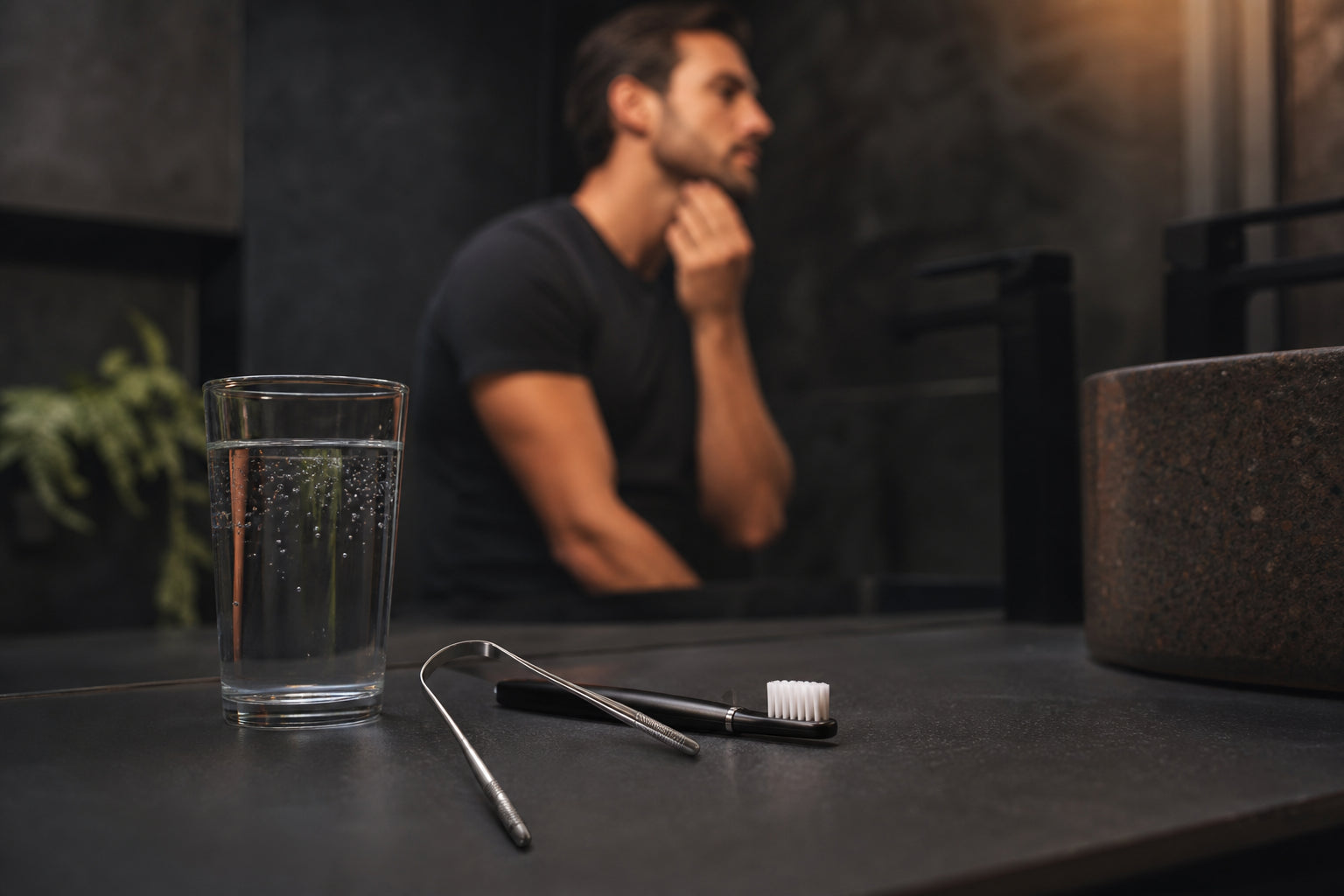 Tongue cleaner, toothbrush, and water on a dark grooming counter