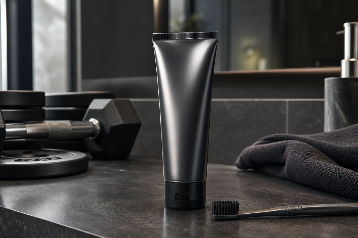 Premium toothpaste on a dark counter with subtle fitness styling