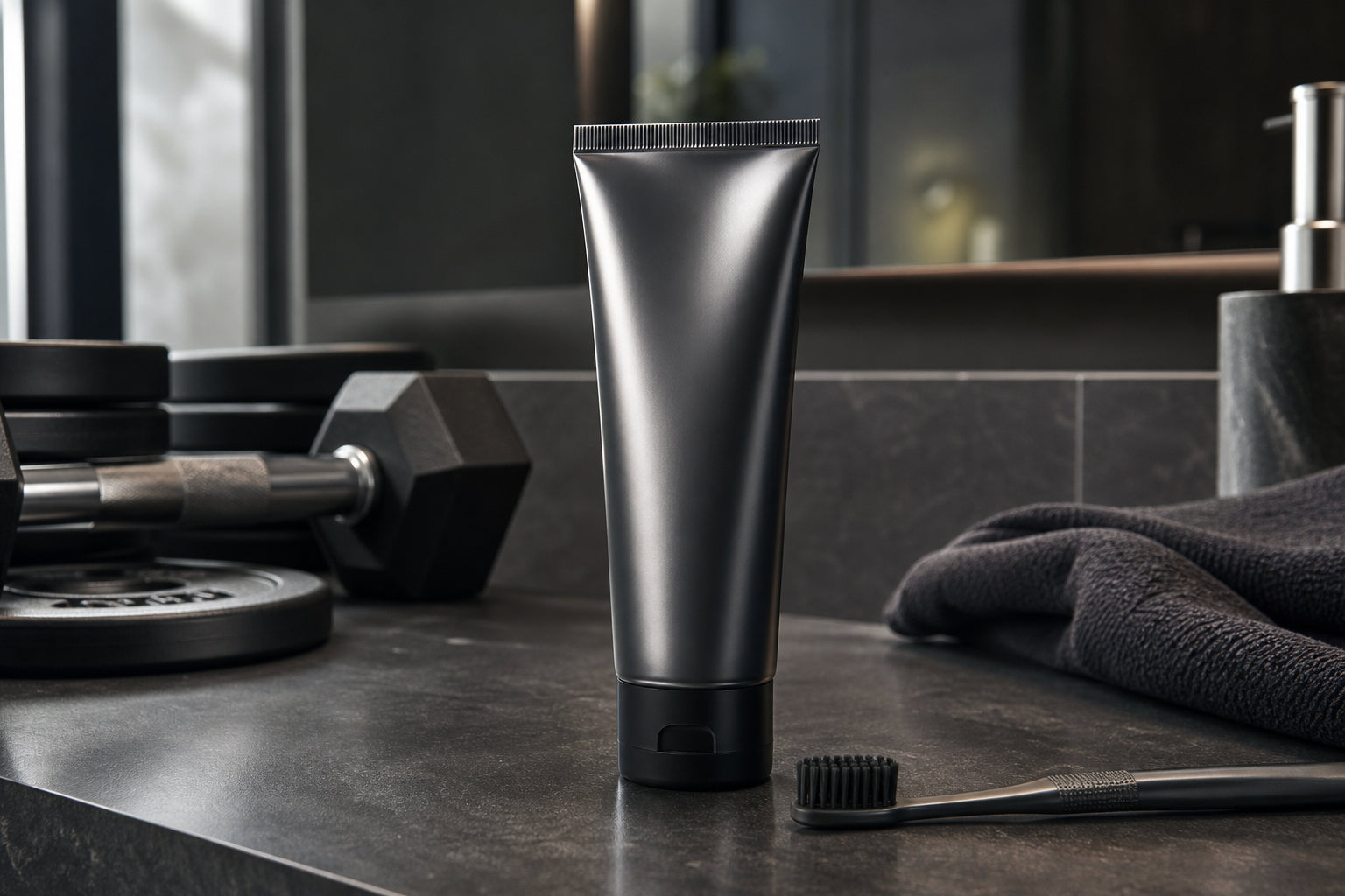 Premium toothpaste on a dark counter with subtle fitness styling